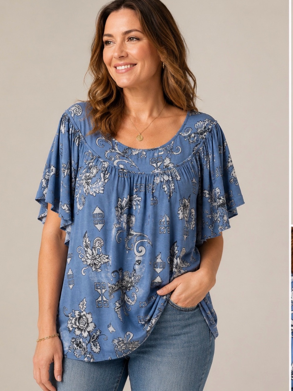 La Tee Da Womens 2X Floral Boho Tunic Top Flutter Sleeve Scoop Neck NWT Plus